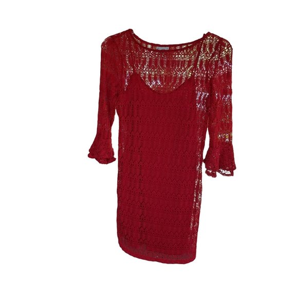 Dress Red Crochet Double Bell Sleeved Matching Liner Tagged DB VIntage Small - Picture 8 of 9
